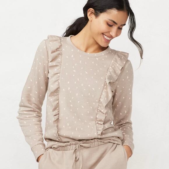 LC Lauren Conrad Beige Floral Ruffle Crewneck Sweatshirt - Picture 1 of 7
